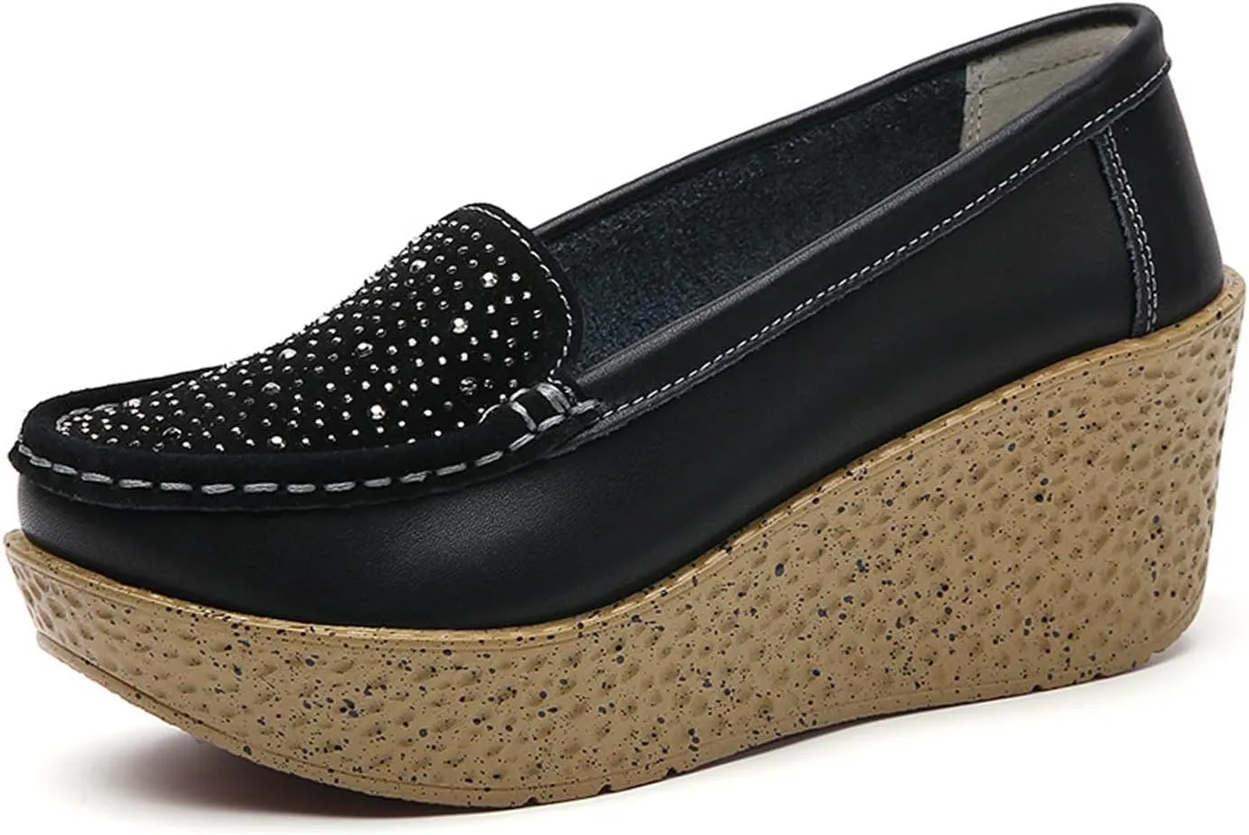 Aceptolcom Women Suede Rhinestones Wedge Loafers Casual Comfort Non Slip Good Arch Support Slip On Platform Loafers Moccasins Walking Shoes