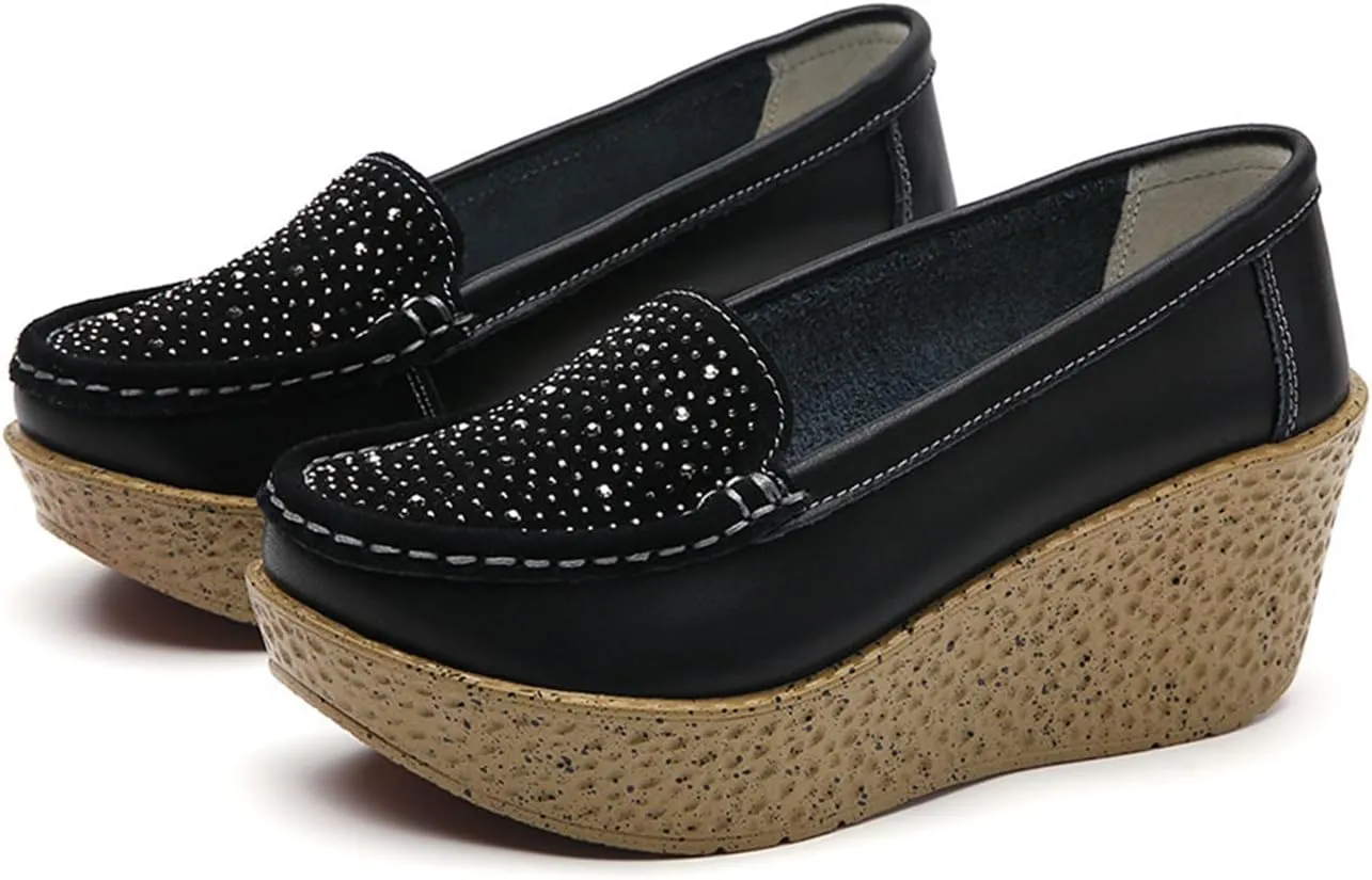 Aceptolcom Women Suede Rhinestones Wedge Loafers Casual Comfort Non Slip Good Arch Support Slip On Platform Loafers Moccasins Walking Shoes