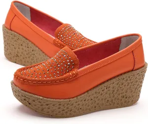 Aceptolcom Women Suede Rhinestones Wedge Loafers Casual Comfort Non Slip Good Arch Support Slip On Platform Loafers Moccasins Walking Shoes