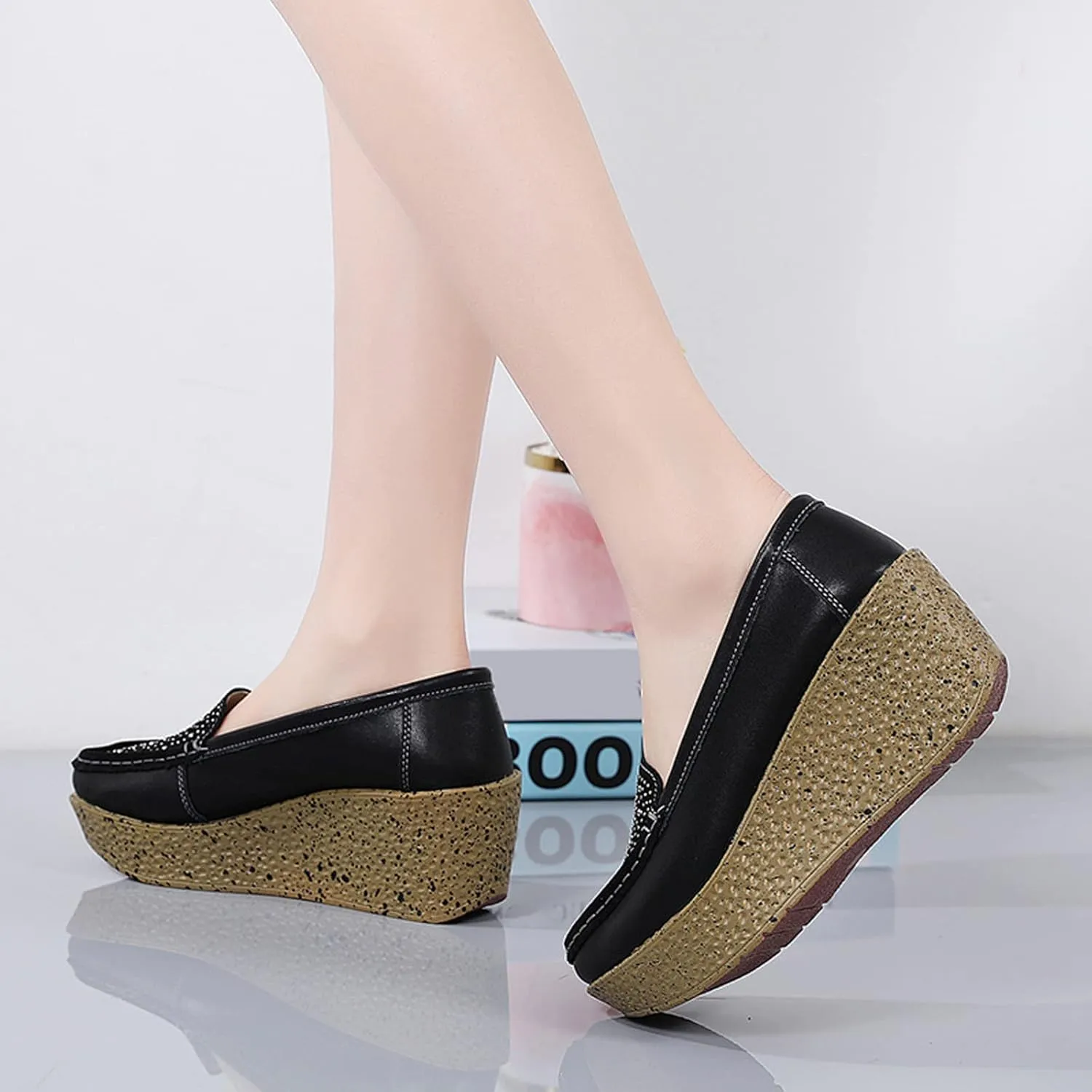 Aceptolcom Women Suede Rhinestones Wedge Loafers Casual Comfort Non Slip Good Arch Support Slip On Platform Loafers Moccasins Walking Shoes