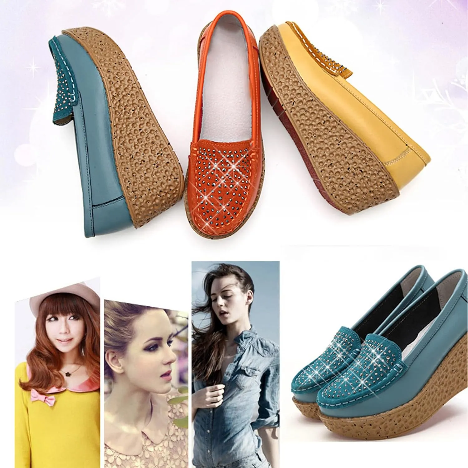 Aceptolcom Women Suede Rhinestones Wedge Loafers Casual Comfort Non Slip Good Arch Support Slip On Platform Loafers Moccasins Walking Shoes