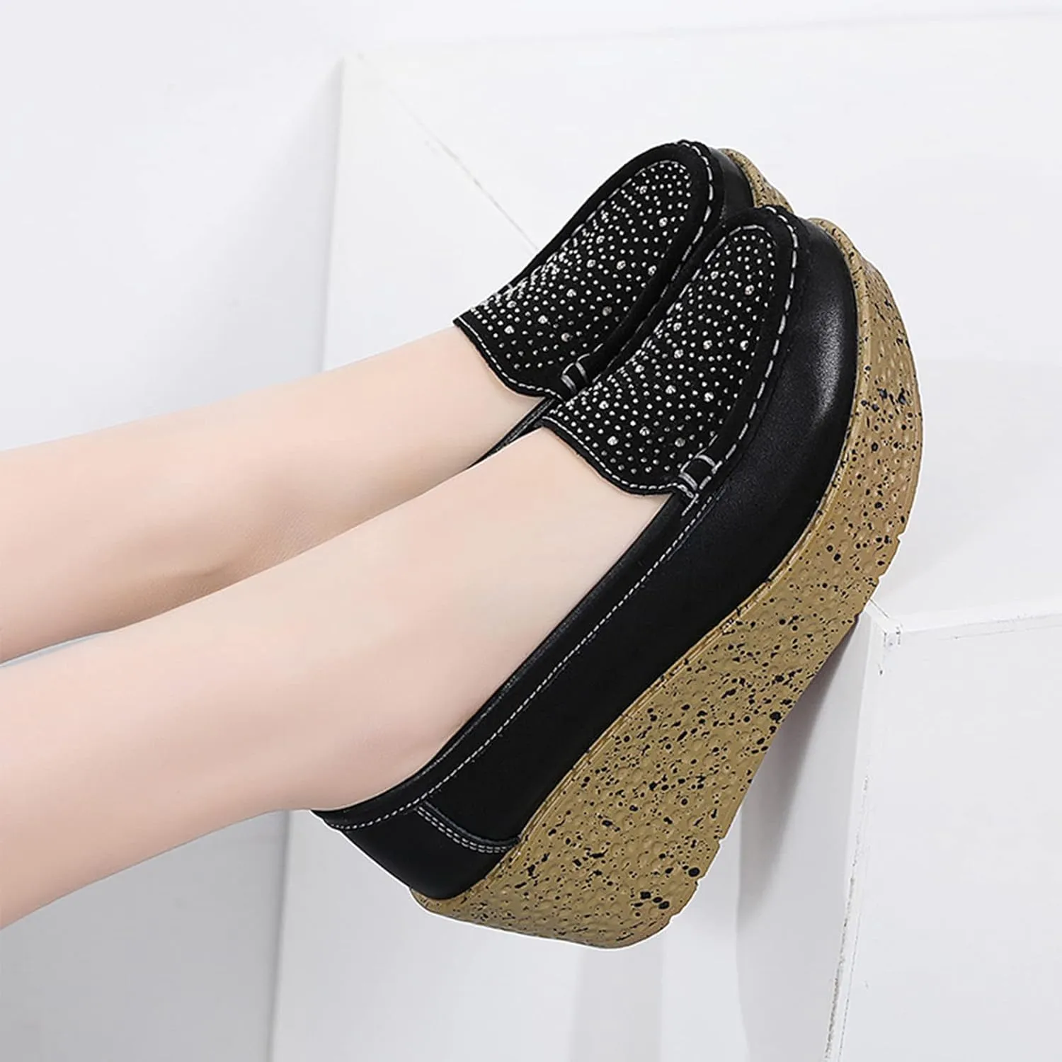 Aceptolcom Women Suede Rhinestones Wedge Loafers Casual Comfort Non Slip Good Arch Support Slip On Platform Loafers Moccasins Walking Shoes