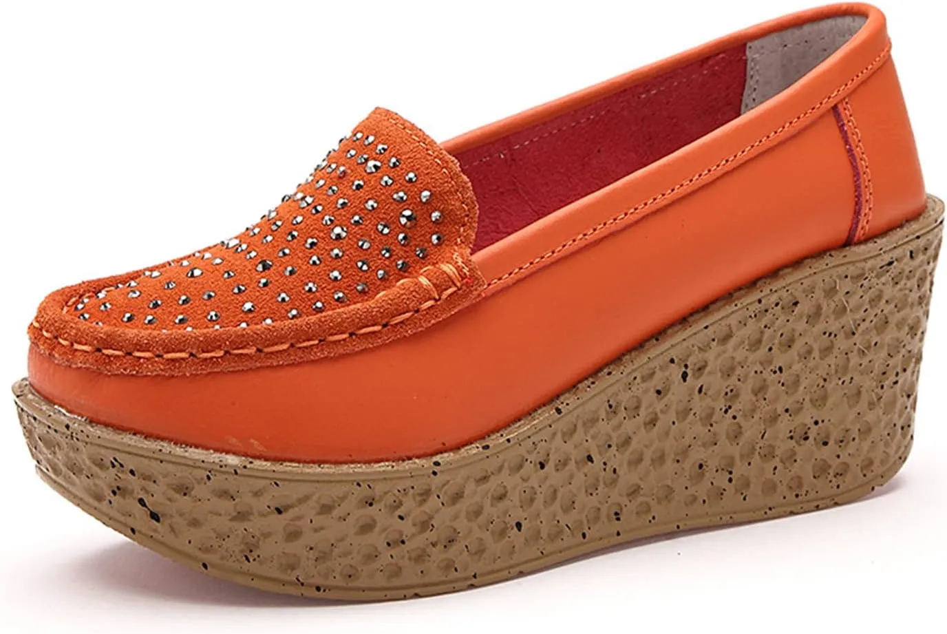 Aceptolcom Women Suede Rhinestones Wedge Loafers Casual Comfort Non Slip Good Arch Support Slip On Platform Loafers Moccasins Walking Shoes