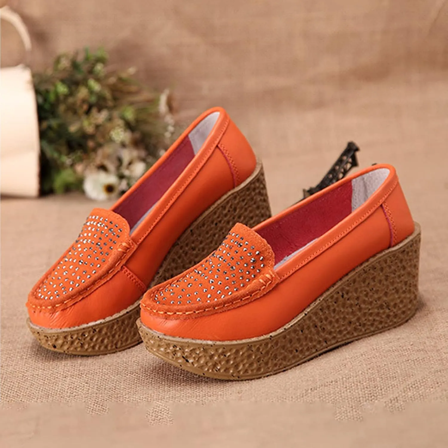 Aceptolcom Women Suede Rhinestones Wedge Loafers Casual Comfort Non Slip Good Arch Support Slip On Platform Loafers Moccasins Walking Shoes