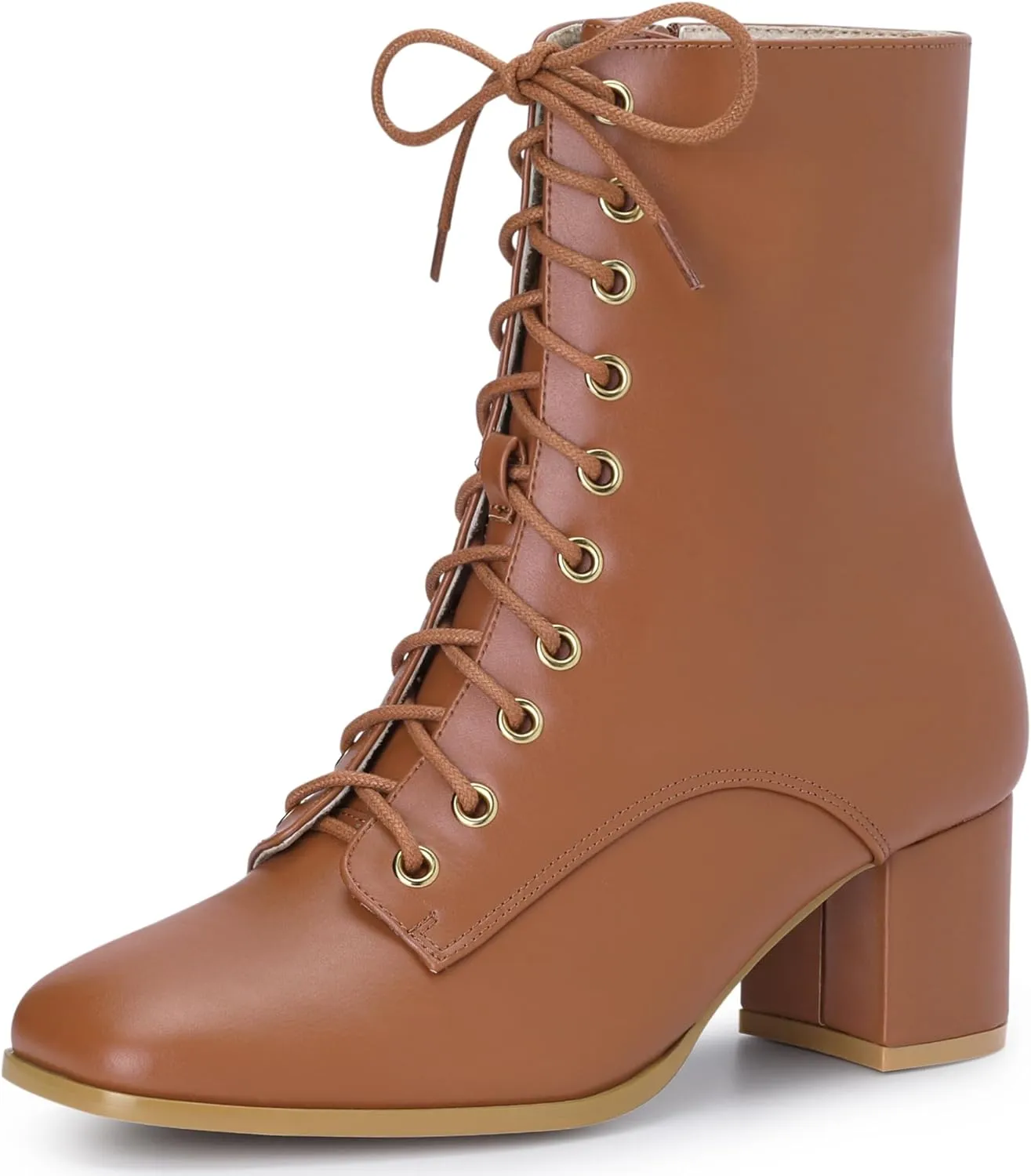 Allegra K Women's Lace Up Square Toe Chunky Heels Ankle Combat Boots