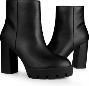 Allegra K Women's Platform Lug Sole Round Toe Side Zip Block Heeled Chelsea Boots
