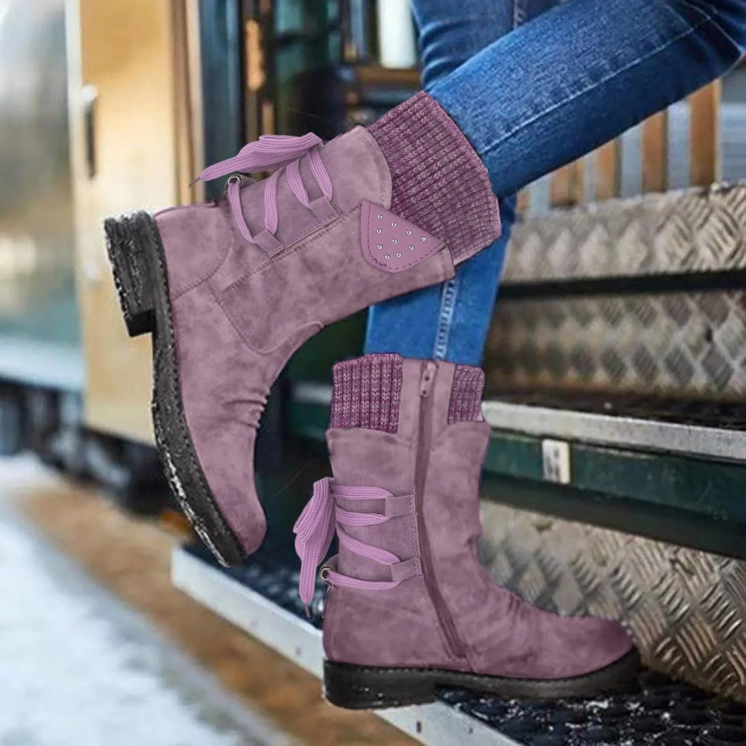 AMDBEL Boots For Women Cowboy Style, Chelsea Boots Women Flower Embroidery Mid Calf Chunky Platform Boots Cowgirls Boots