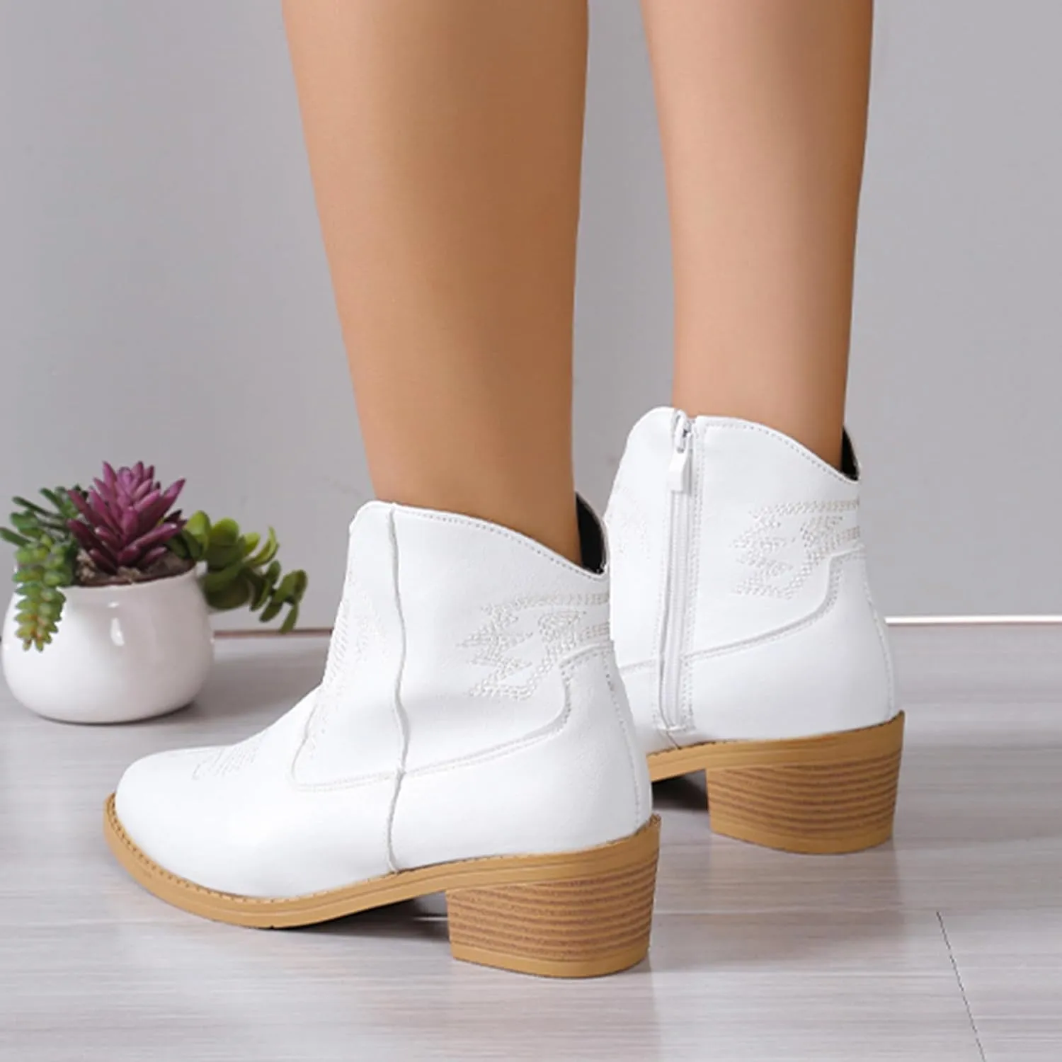 Ankle Booties for Women Low Heel Women Cowboy Boots Ethnic Embroidered Pointed Toe Side Zipper Thick Heel Short Boots
