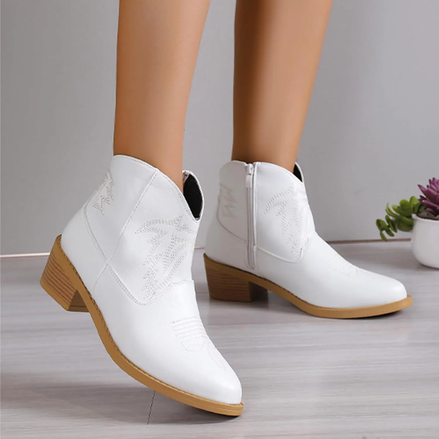 Ankle Booties for Women Low Heel Women Cowboy Boots Ethnic Embroidered Pointed Toe Side Zipper Thick Heel Short Boots