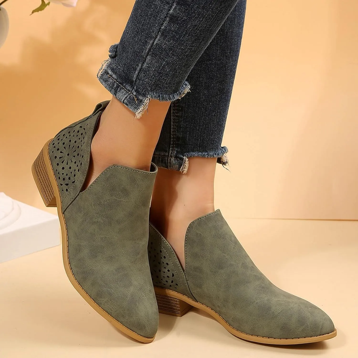 Ankle Boots for Women Chunky Heel Boots Women Fashion Pointed Toe Comfortable V Cut Pull on Chunky Heels Women Boots