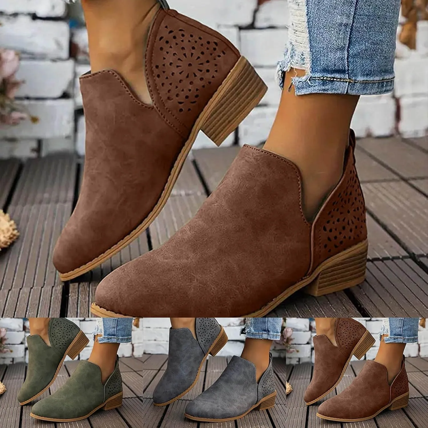 Ankle Boots for Women Chunky Heel Boots Women Fashion Pointed Toe Comfortable V Cut Pull on Chunky Heels Women Boots