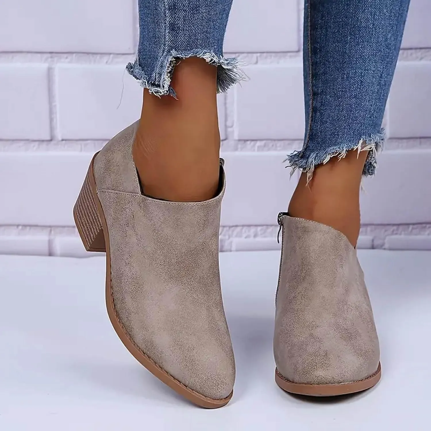 Ankle Boots for Women Chunky Heels Boots Western Fashion Pointed Toe Boot Zipper Slip-On V Cut Riding Boots For Women
