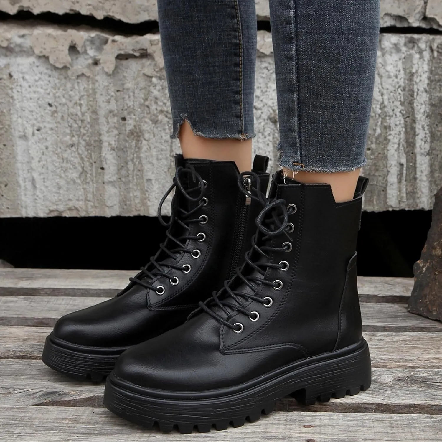 Ankle Boots for Women Platform Boots Womens Boots Round Toe Leather Thick Sole Square Heel Lace Up Solid Color Boots