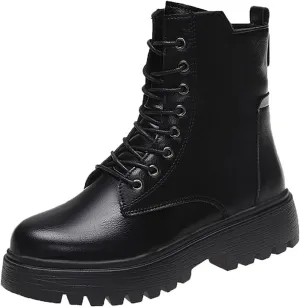 Ankle Boots for Women Platform Boots Womens Boots Round Toe Leather Thick Sole Square Heel Lace Up Solid Color Boots