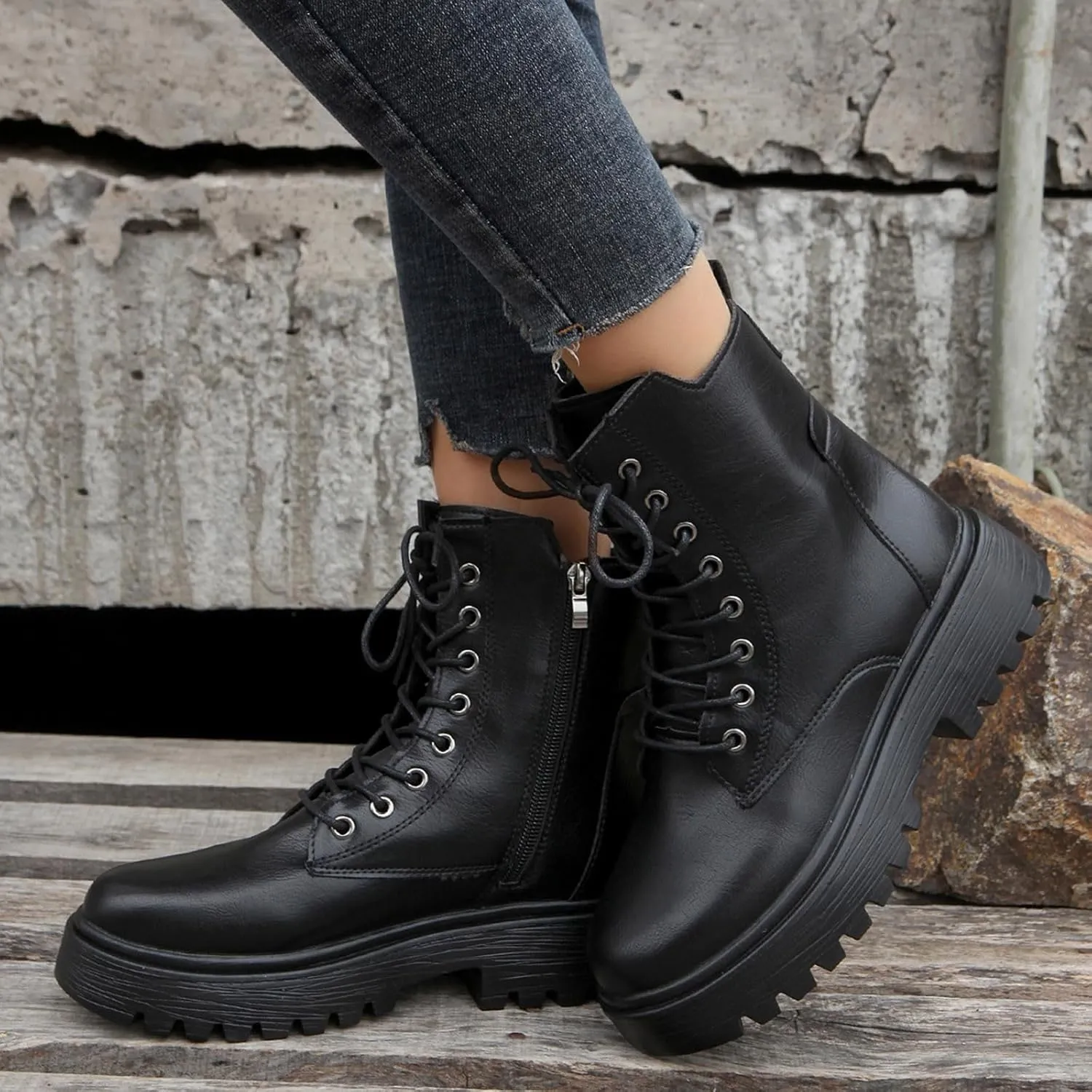 Ankle Boots for Women Platform Boots Womens Boots Round Toe Leather Thick Sole Square Heel Lace Up Solid Color Boots
