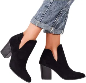 Ankle Boots for Women V Cut,Ankle Booties Retro Cutout Comfy Short Boots Flock Zip Closure Stacked Chunky Block Heels Shoes