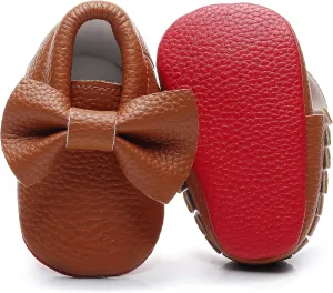 Bebila Double Bow Fringe Baby Moccasins - Soft Sole Baby Shoes Girls Toddler Crib Flats