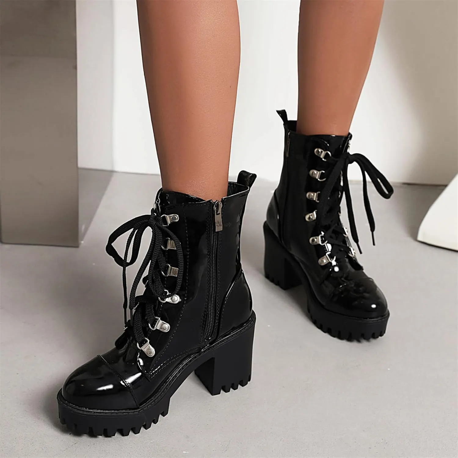 Betastella Lug Sole Platform Ankle Boots Lace Up Chunky Heeled Combat Boots Patent Leather Side Zip Booties