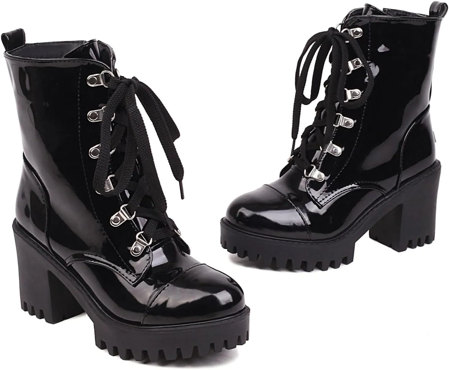 Betastella Lug Sole Platform Ankle Boots Lace Up Chunky Heeled Combat Boots Patent Leather Side Zip Booties