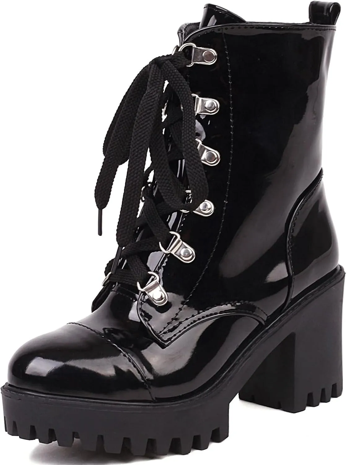 Betastella Lug Sole Platform Ankle Boots Lace Up Chunky Heeled Combat Boots Patent Leather Side Zip Booties
