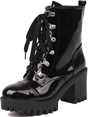 Betastella Lug Sole Platform Ankle Boots Lace Up Chunky Heeled Combat Boots Patent Leather Side Zip Booties