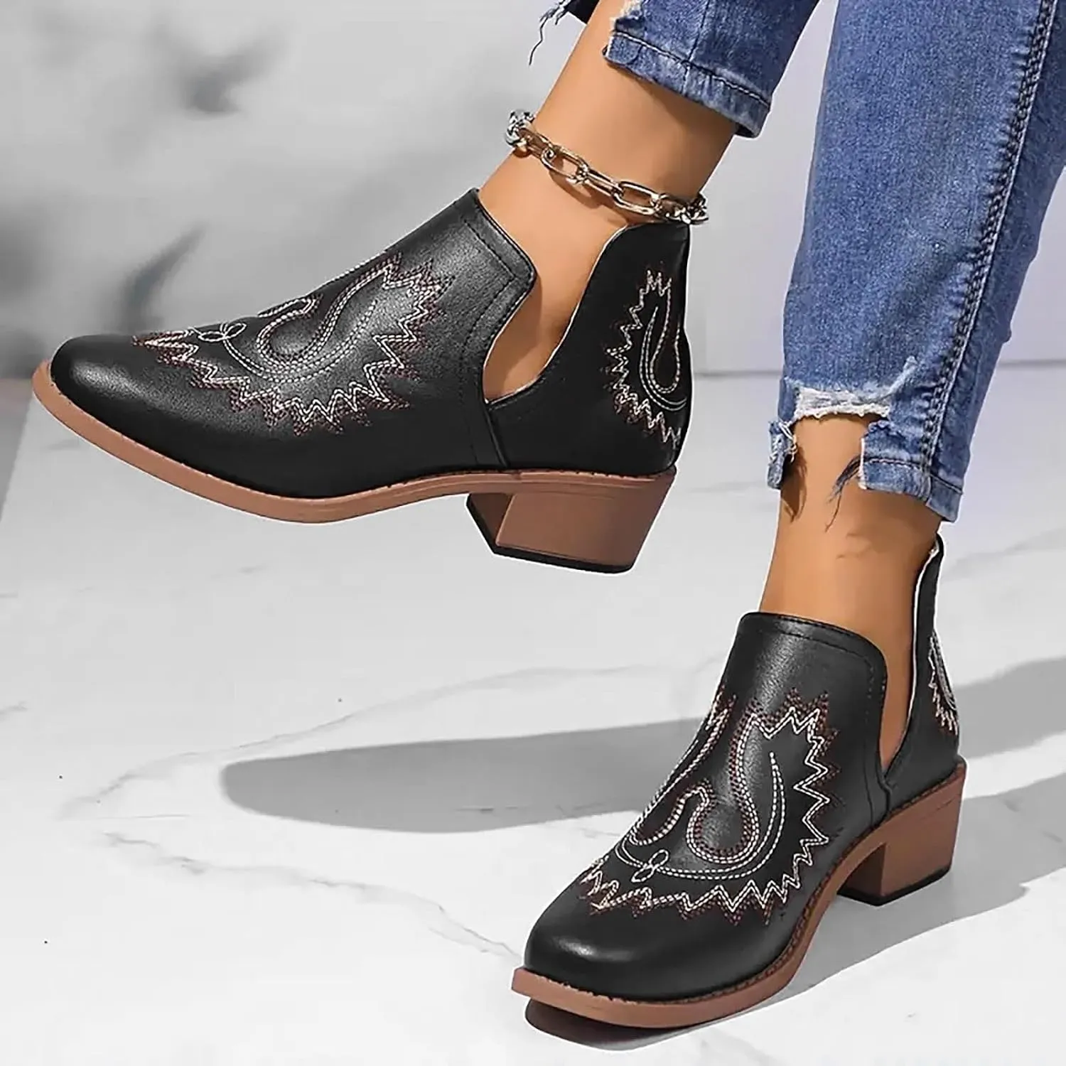 Blue Ankle Boots for Women Casual Western Fashion Short Boots Pointed Low Chunky Heels Western Slip-On Women Shoes