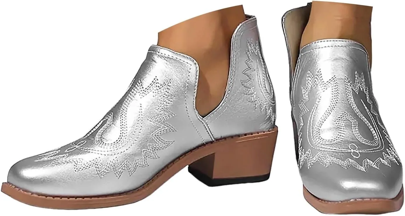 Blue Ankle Boots for Women Casual Western Fashion Short Boots Pointed Low Chunky Heels Western Slip-On Women Shoes