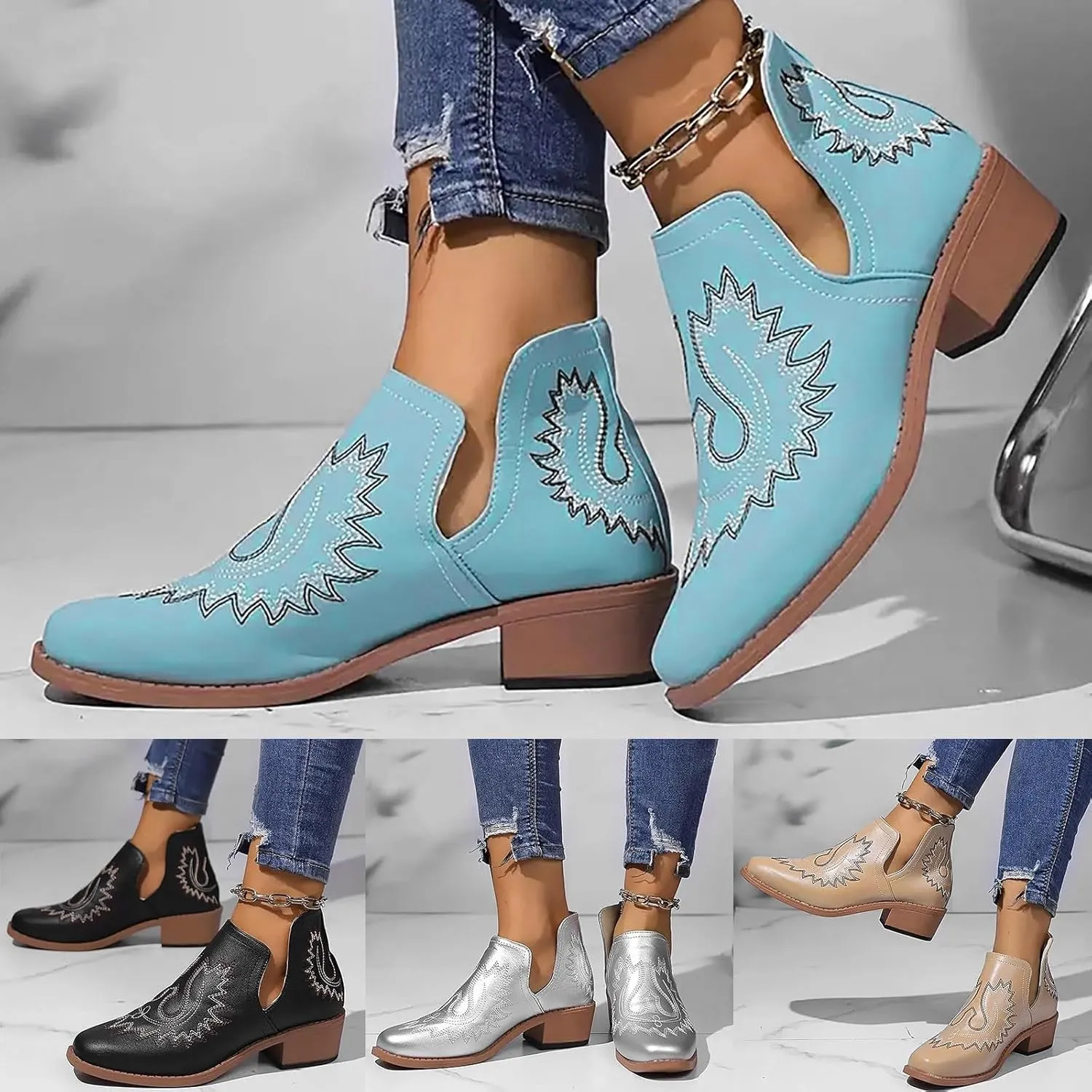 Blue Ankle Boots for Women Casual Western Fashion Short Boots Pointed Low Chunky Heels Western Slip-On Women Shoes