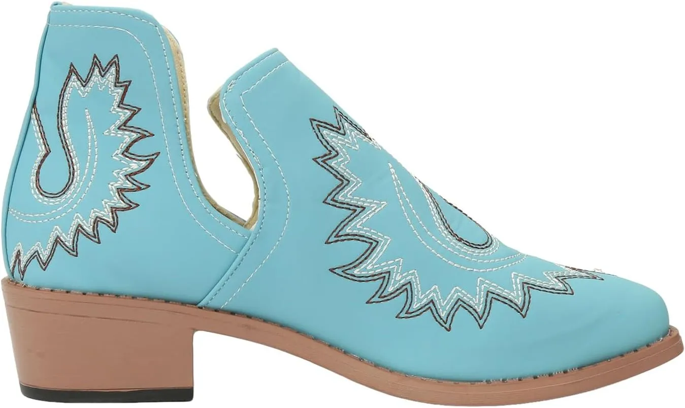 Blue Ankle Boots for Women Casual Western Fashion Short Boots Pointed Low Chunky Heels Western Slip-On Women Shoes