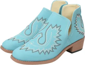 Blue Ankle Boots for Women Casual Western Fashion Short Boots Pointed Low Chunky Heels Western Slip-On Women Shoes