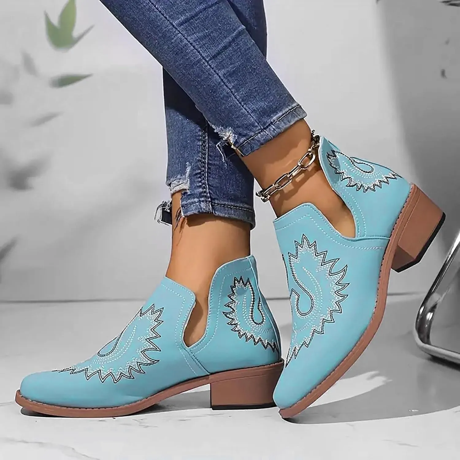 Blue Ankle Boots for Women Casual Western Fashion Short Boots Pointed Low Chunky Heels Western Slip-On Women Shoes