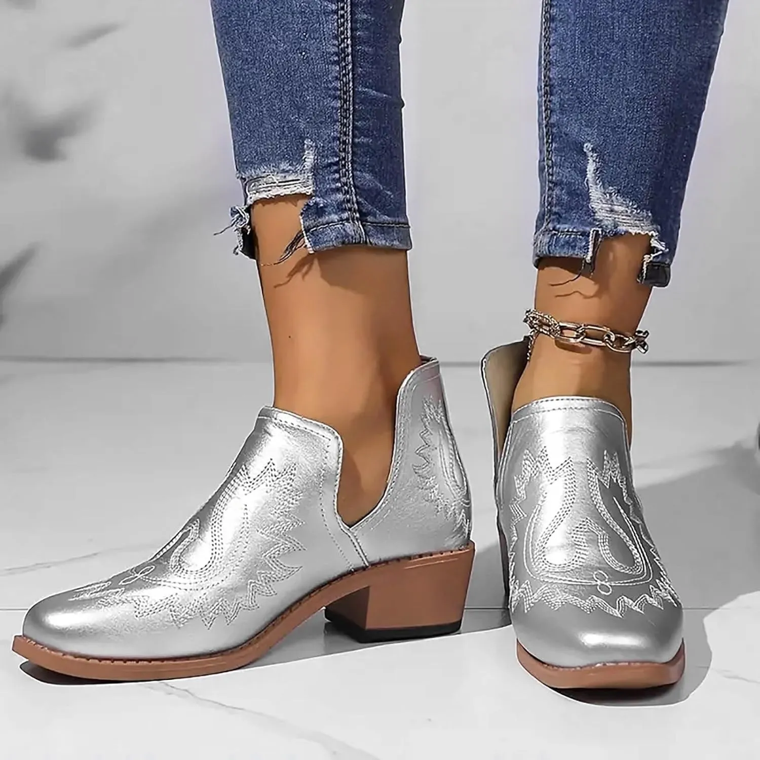 Blue Ankle Boots for Women Casual Western Fashion Short Boots Pointed Low Chunky Heels Western Slip-On Women Shoes