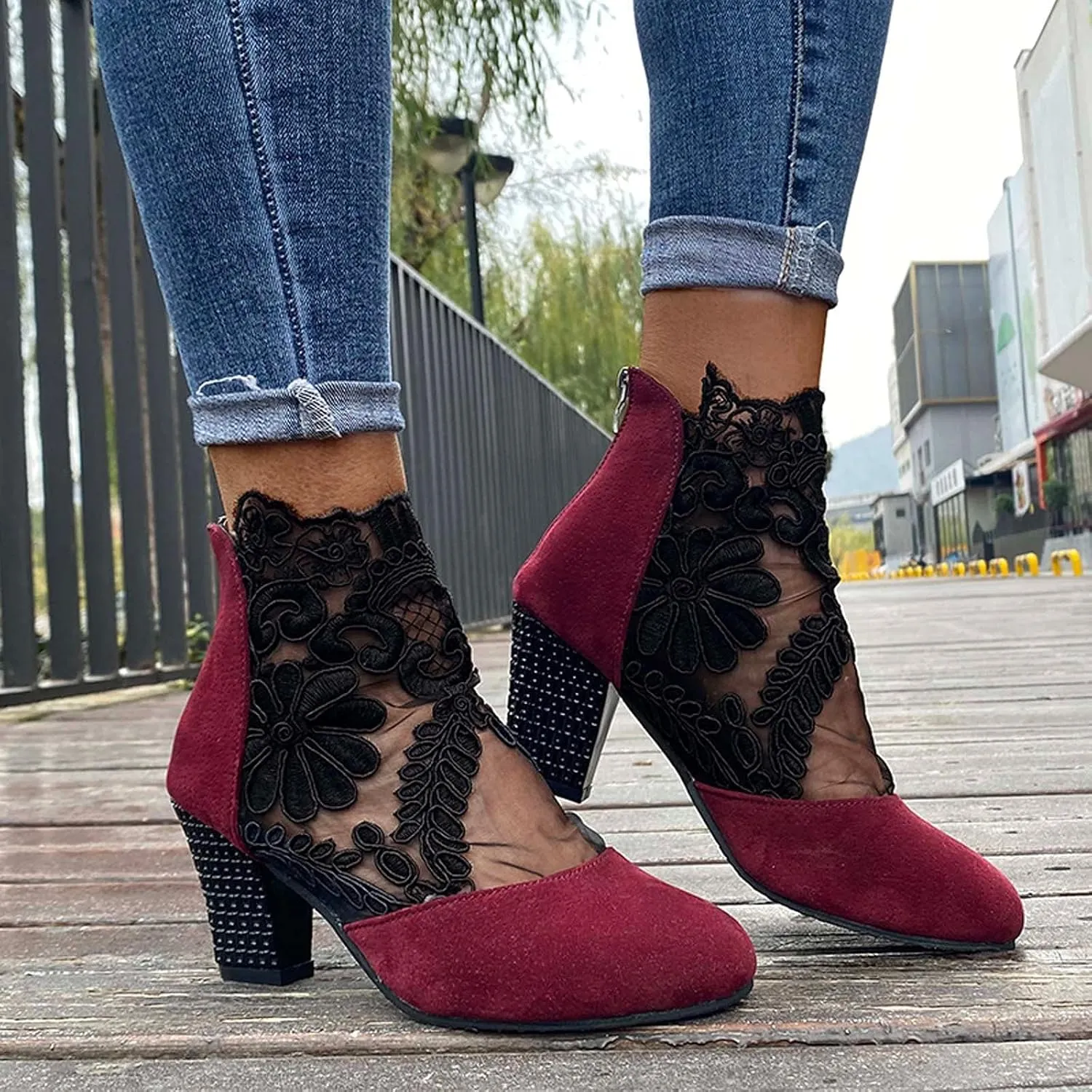Boots for Women Low Heel Ankle Bootie Winter Lace up Low Stacked Block Heel Mid Calf Military Combat Boots 52