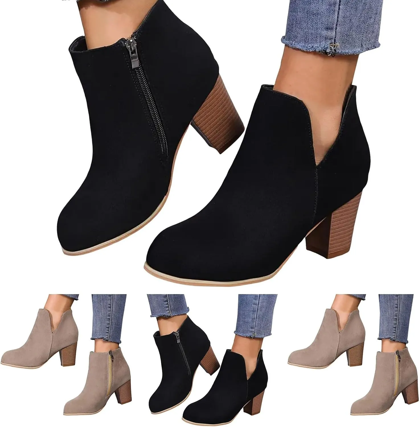Boots for Women Low Heels Chunky Heels Women Fashion Chunky Heels Boots For Women Pointed Toe Boots Pull On Shoes