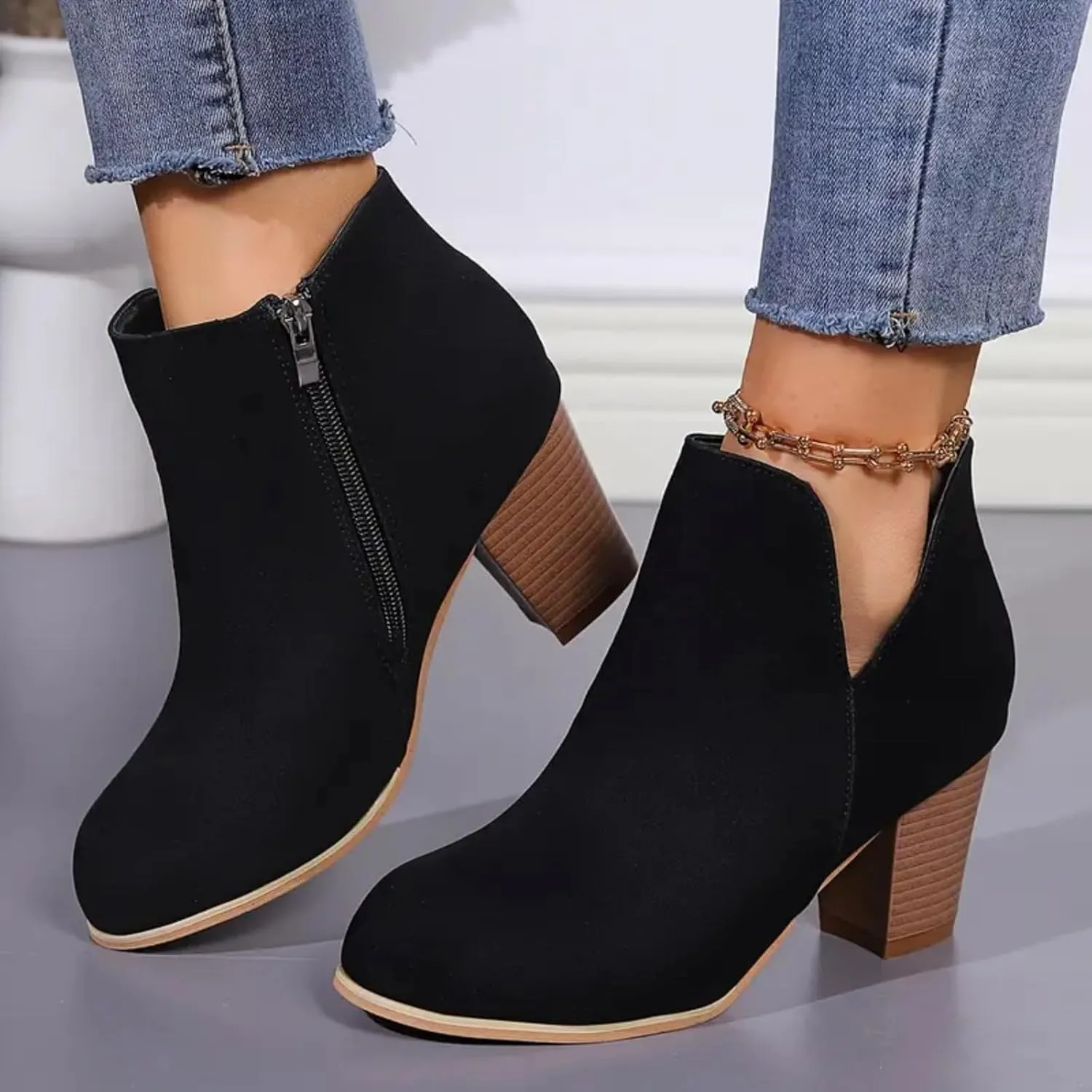 Boots for Women Low Heels Chunky Heels Women Fashion Chunky Heels Boots For Women Pointed Toe Boots Pull On Shoes