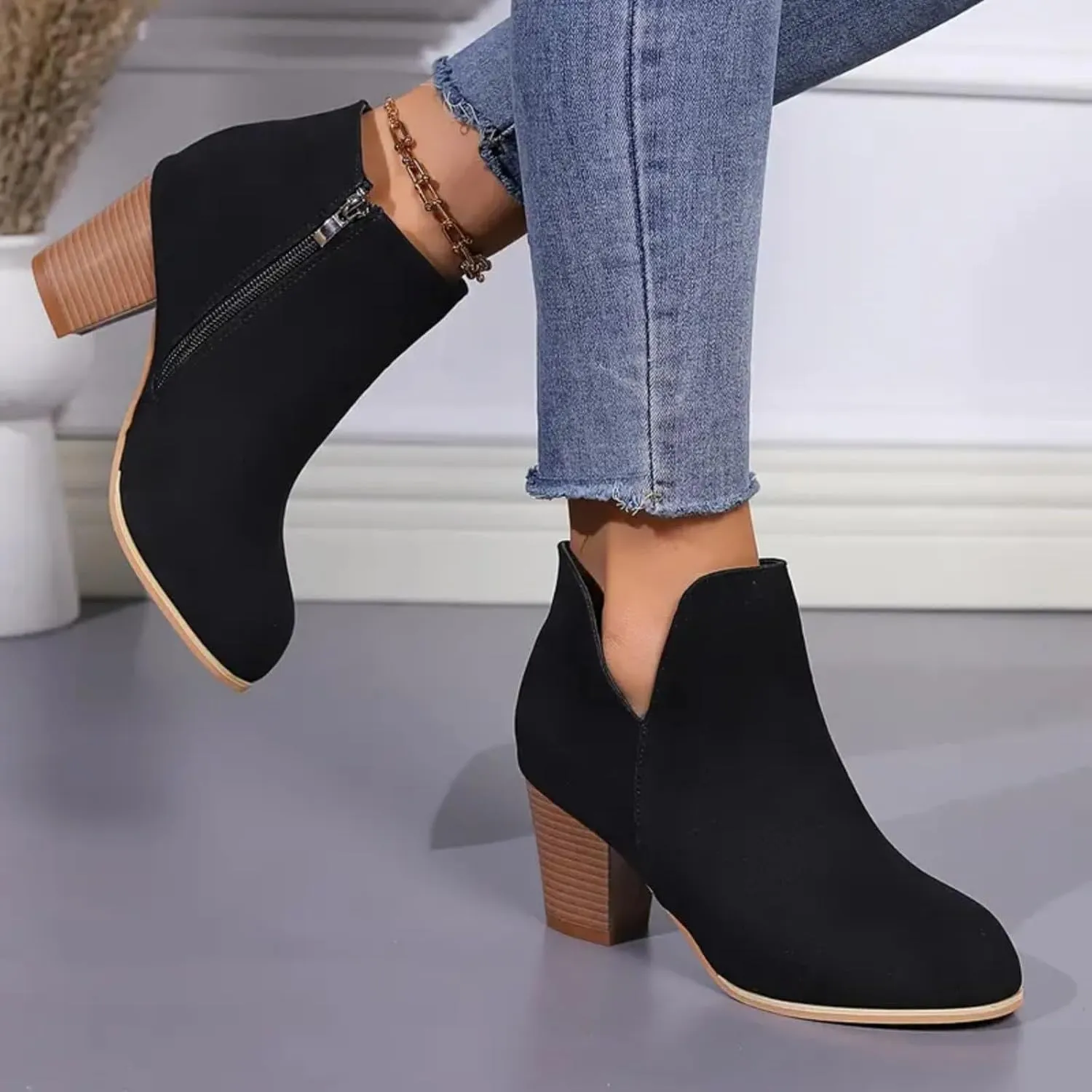 Boots for Women Low Heels Chunky Heels Women Fashion Chunky Heels Boots For Women Pointed Toe Boots Pull On Shoes