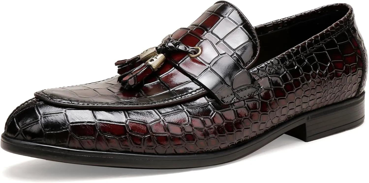 Classic Leather Dress Shoes for Men, Premium Alligator Printed Bussiness Dress Slip on Loafer for Mens