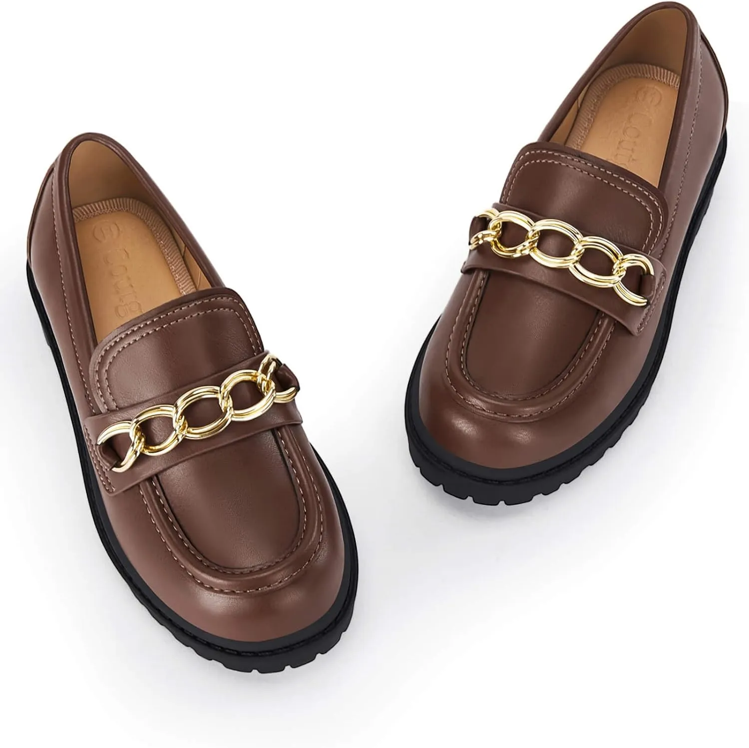 Coutgo Girl's Platform Penny Loafers School Uniform Flats Slip on Round Toe Metal Chain Dress Shoes
