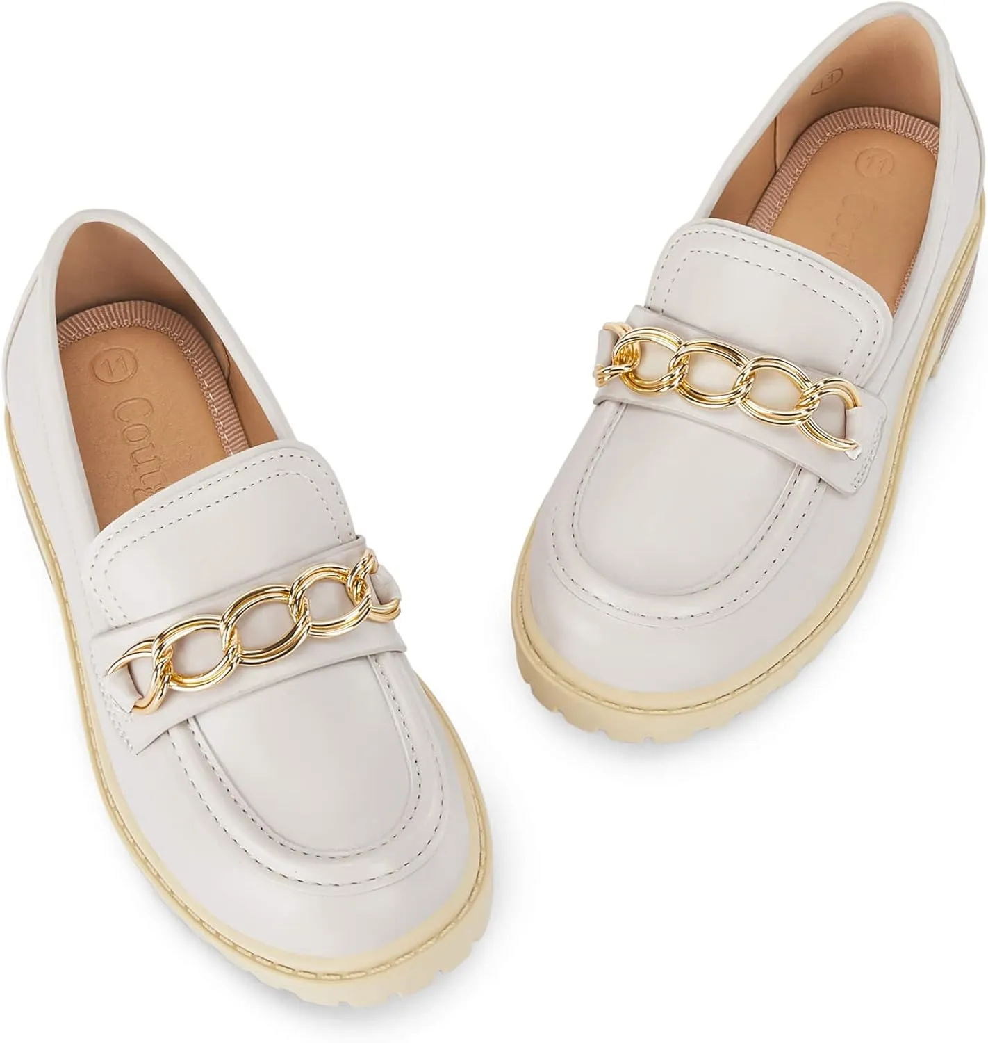 Coutgo Girl's Platform Penny Loafers School Uniform Flats Slip on Round Toe Metal Chain Dress Shoes