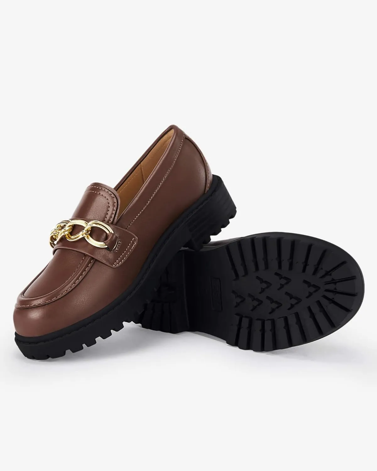 Coutgo Girl's Platform Penny Loafers School Uniform Flats Slip on Round Toe Metal Chain Dress Shoes