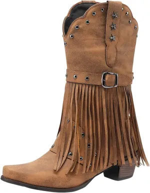 Cowboy Boots for Women Cowgirl Boots Cowboy Boots For Women Western Pointed Toe Low Chunky Heel Tassel Fringe Boots