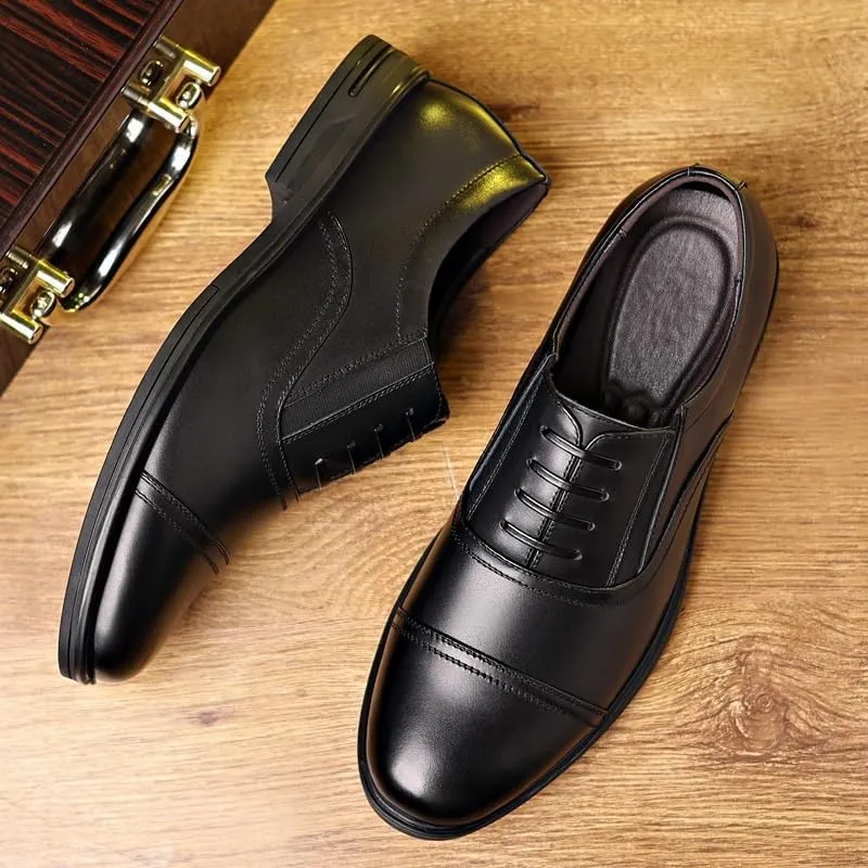 Dress Formal Shoes for Men Slip On Round Toe PU Leather Cap Toe Oxford Shoes Rubber Sole Block Heel Non Slip Low Top Casual(7.5)