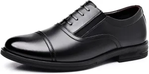 Dress Formal Shoes for Men Slip On Round Toe PU Leather Cap Toe Oxford Shoes Rubber Sole Block Heel Non Slip Low Top Casual(7.5)
