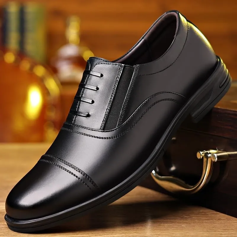 Dress Formal Shoes for Men Slip On Round Toe PU Leather Cap Toe Oxford Shoes Rubber Sole Block Heel Non Slip Low Top Casual(7.5)