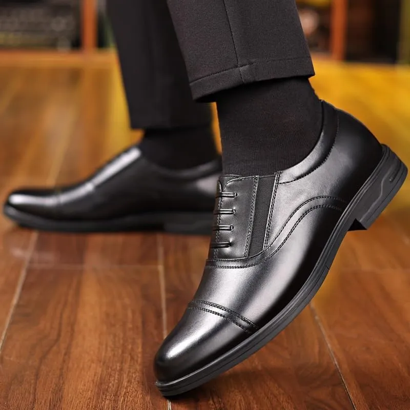 Dress Formal Shoes for Men Slip On Round Toe PU Leather Cap Toe Oxford Shoes Rubber Sole Block Heel Non Slip Low Top Casual(7.5)
