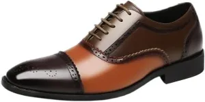 Dress Oxford for Men Lace Up Square Toe Brogue Cap Toe PU Leather Oxford Shoes Low Top Non Slip Anti-Slip Slip Resistant Classic(Brown and Yellow,9.5)