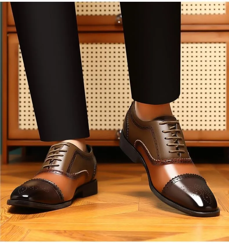 Dress Oxford for Men Lace Up Square Toe Brogue Cap Toe PU Leather Oxford Shoes Low Top Non Slip Anti-Slip Slip Resistant Classic(Brown and Yellow,9.5)