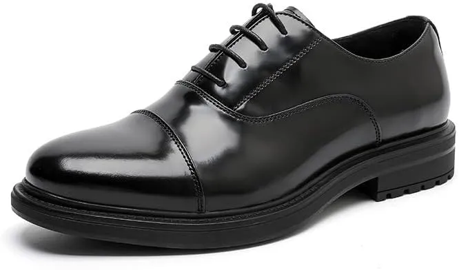 Dress Oxford Shoes for Men Lace Up Round Toe Leather Cap Toe Oxford Shoes Block Heel Anti-Slip Non Slip Resistant Wedding(9.5)