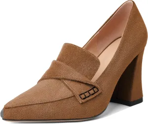 Esvowido Women's High Heel Loafers Block Chunky Heels Slip on Pumps Closed Pointed Toe Comfortable Dress Shoes for Work Office 3.5 Inch