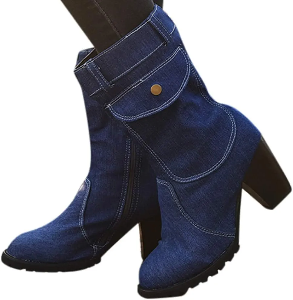 European and Style Large Size High Heel Denim Mid- Women's Boots Sailing Boot